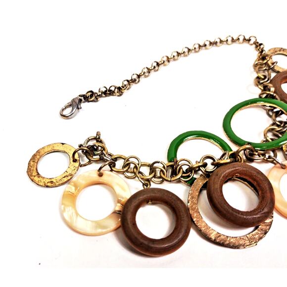 VTG Gold Tone Hammered Disc Ring Earth Tones Marble Green 7" Bracelet - Picture 6 of 7